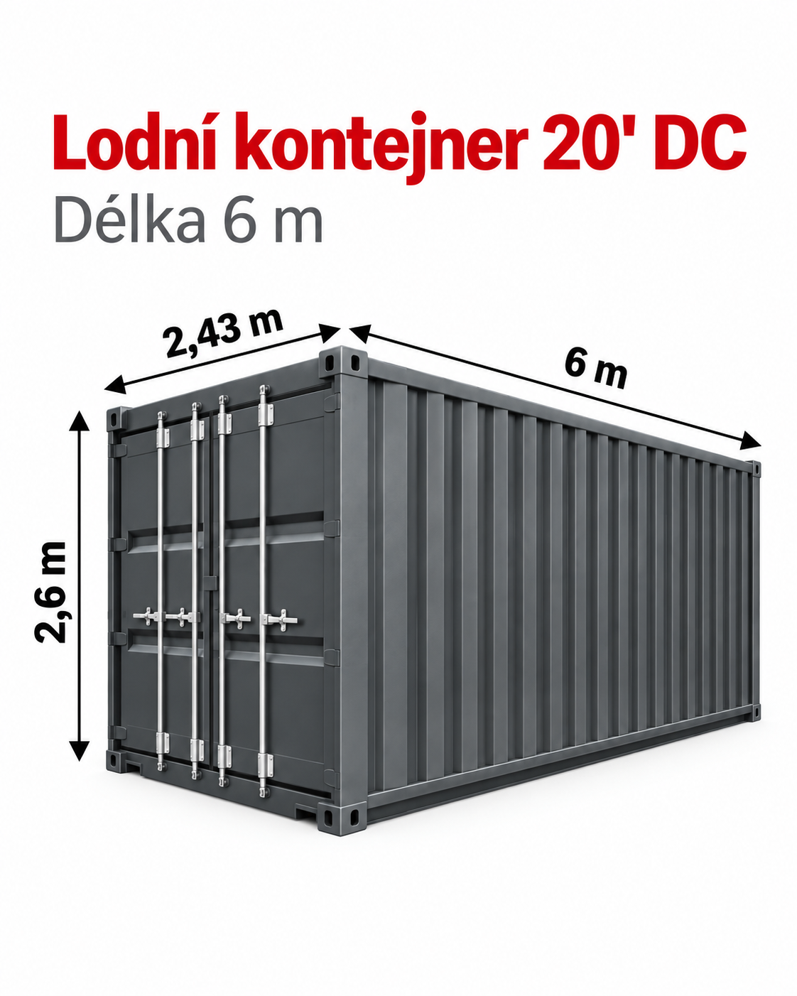 Lodní kontejner 20' DC – ilustrační rozměrové vyobrazení