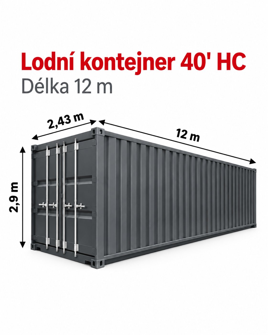 Lodní kontejner 40' HC – ilustrační rozměrové vyobrazení