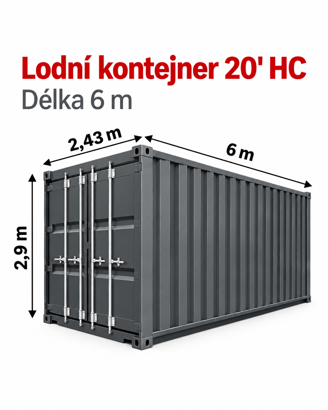 Lodní kontejner 20' HC – ilustrační rozměrové vyobrazení